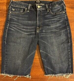 True Religion Riley Womens 33 Mid Rise Bermuda Shorts Dark Wash Frayed Hem